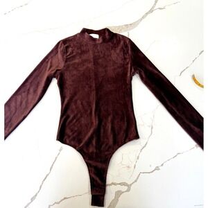 ISALIS Brown Velour Mock Neck Long Sleeve Thong Bodysuit Women's